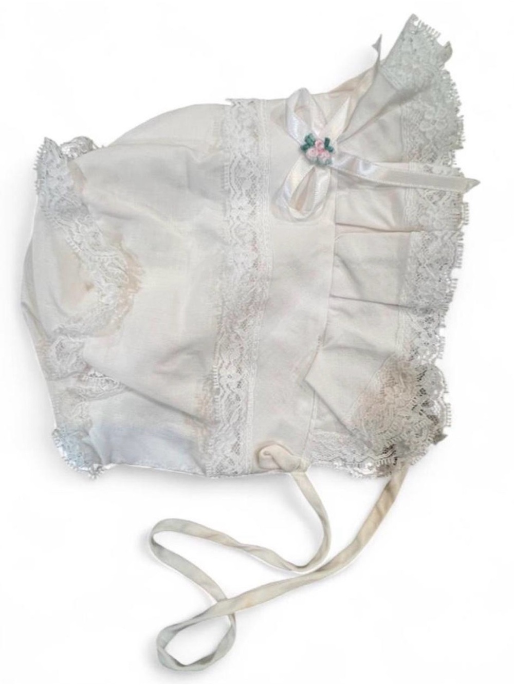 Vintage Classic White Lace Baby Bonnet with Ribbon Flower